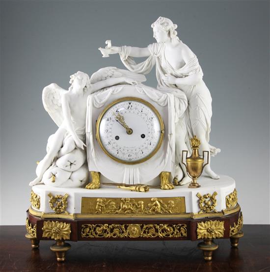 A 19th century French ormolu mounted biscuit porcelain mantel clock, by Gavelle of Paris, W.18in. H.19in.